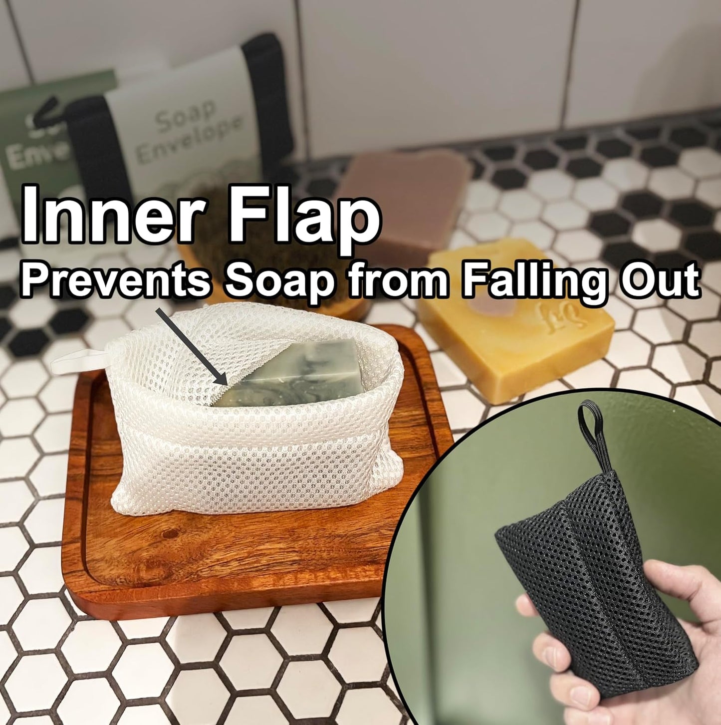 100% Recycled Soap Bag, Soap Saver Pouch for Bar Soap, Loofah Bath Scrubber for Bar Soap + Medium Exfoliator, Mesh Soap Bag, Soap Sock, Soap Pouch, Soap Bag - 1 Pack